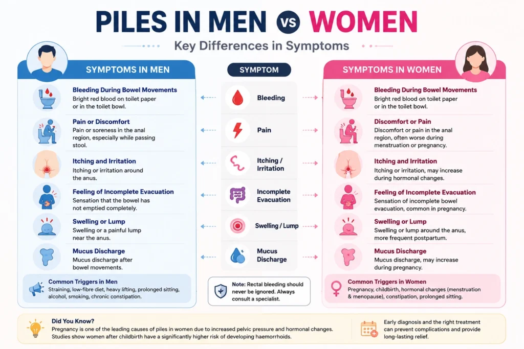 Piles symptoms comparison men vs women


